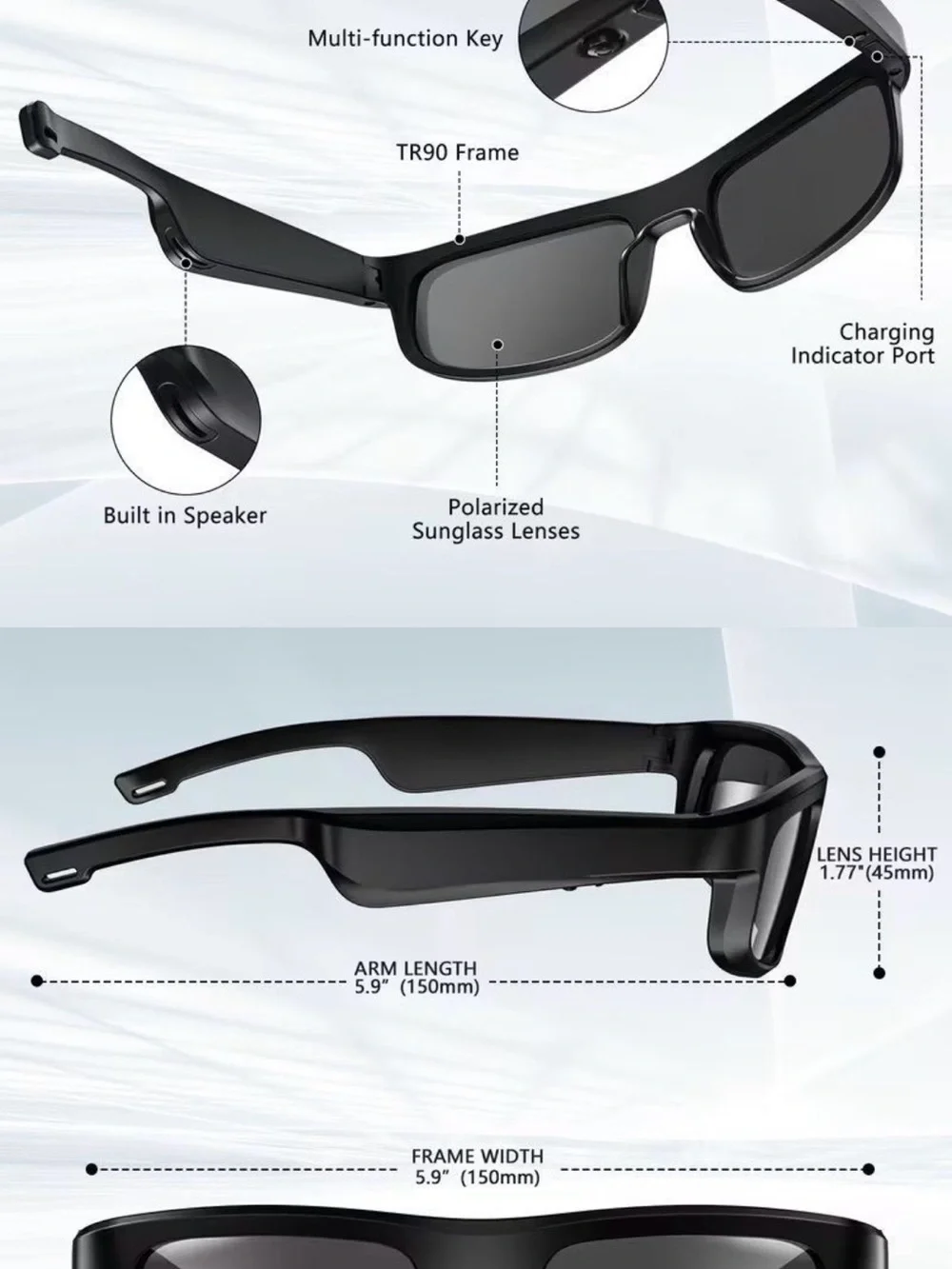 Wireless Audio Shades — Black Sunglasses with Built-in Mic & Speakers
